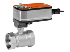 Geo-Flo, Belimo B232+AFR24-S+NC/FO Motorized Ball Valve, Nickel Plated Brass 1-1/4” FPT, Spring ret, 24V with End Swivel