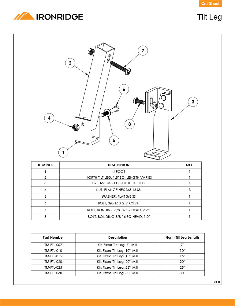 IronRidge Fixed Tilt Leg Kit, 10", Mill Finish Supplied Energy